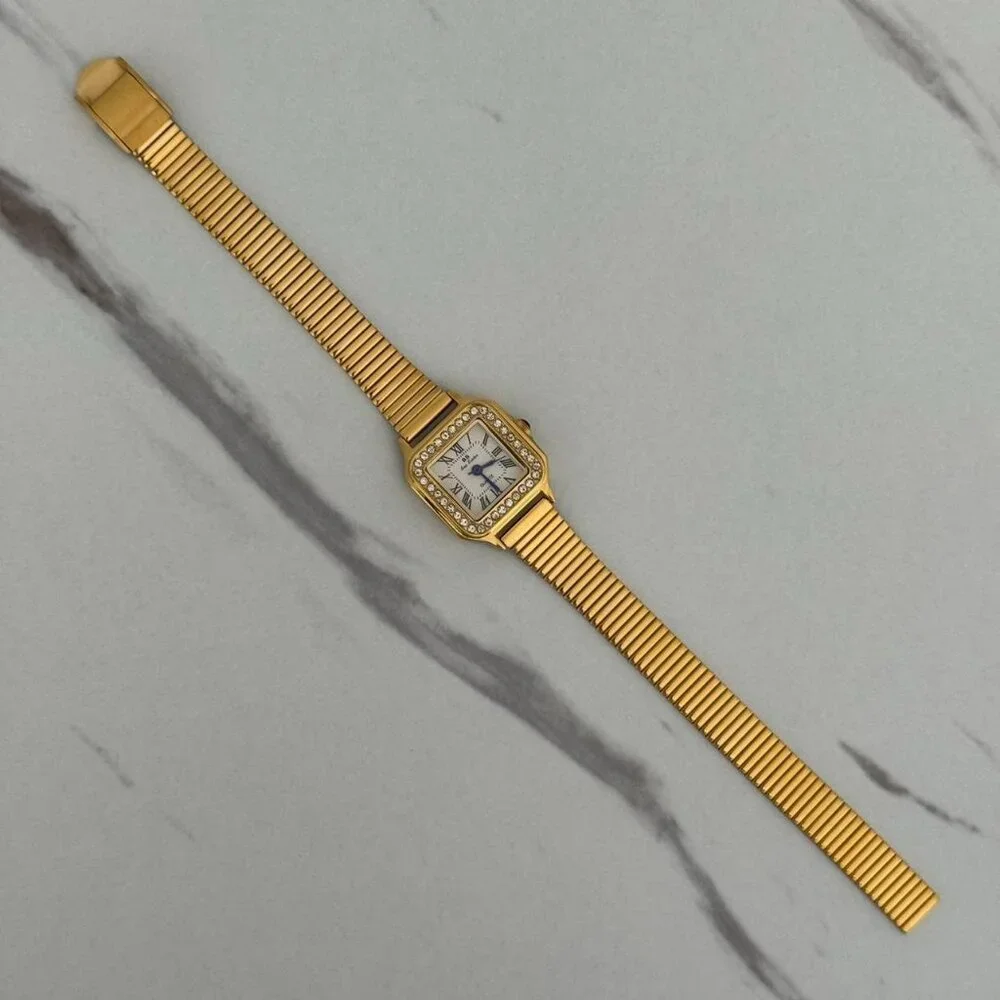 Sku0414 Retro Gold Zircon Gemstones Women Square Watch Stainless steel +gift bag